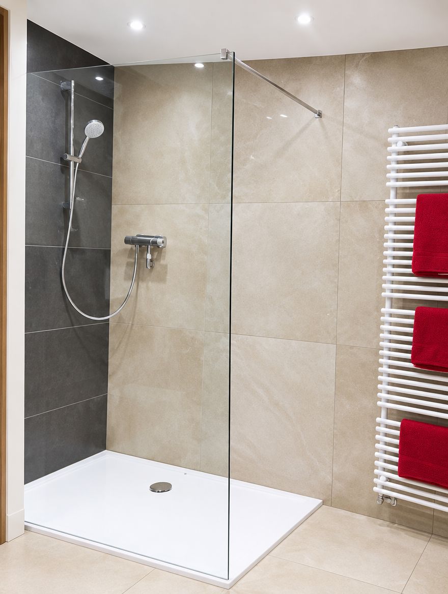 Bodengleiche Dusche mit Glaswand und Handtuchheizkörper