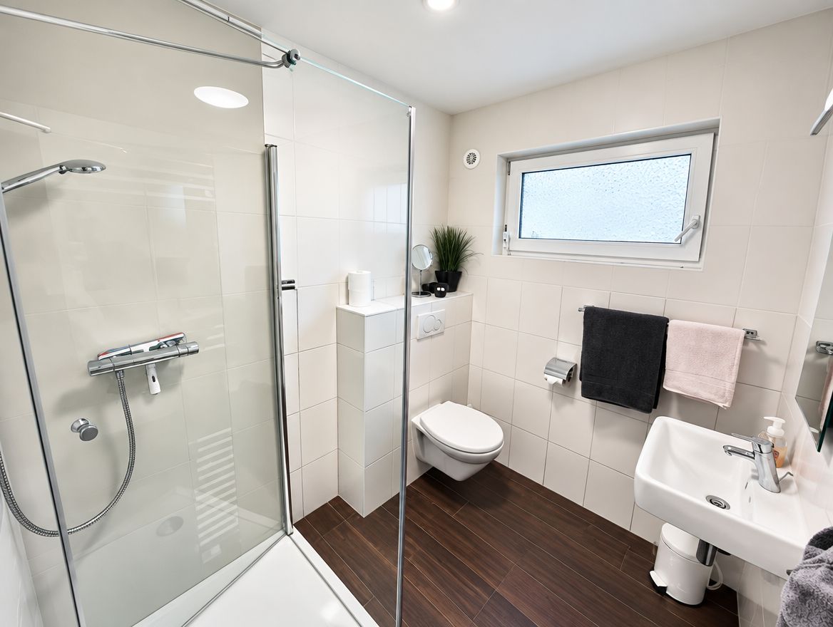 Bad der Ferienwohnung mit Dusche, WC und Waschbecken