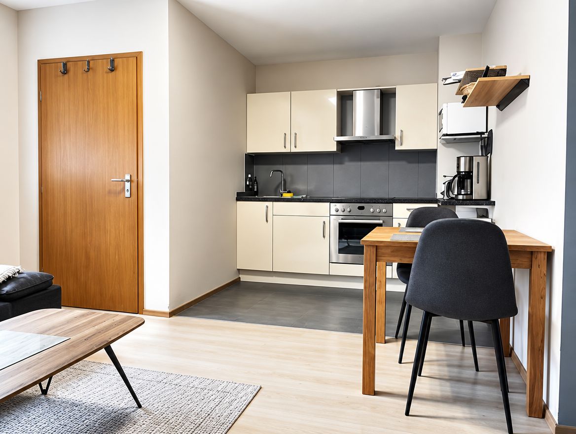 Küche der Ferienwohnung mit Herd, Backofen und Dunstabzug