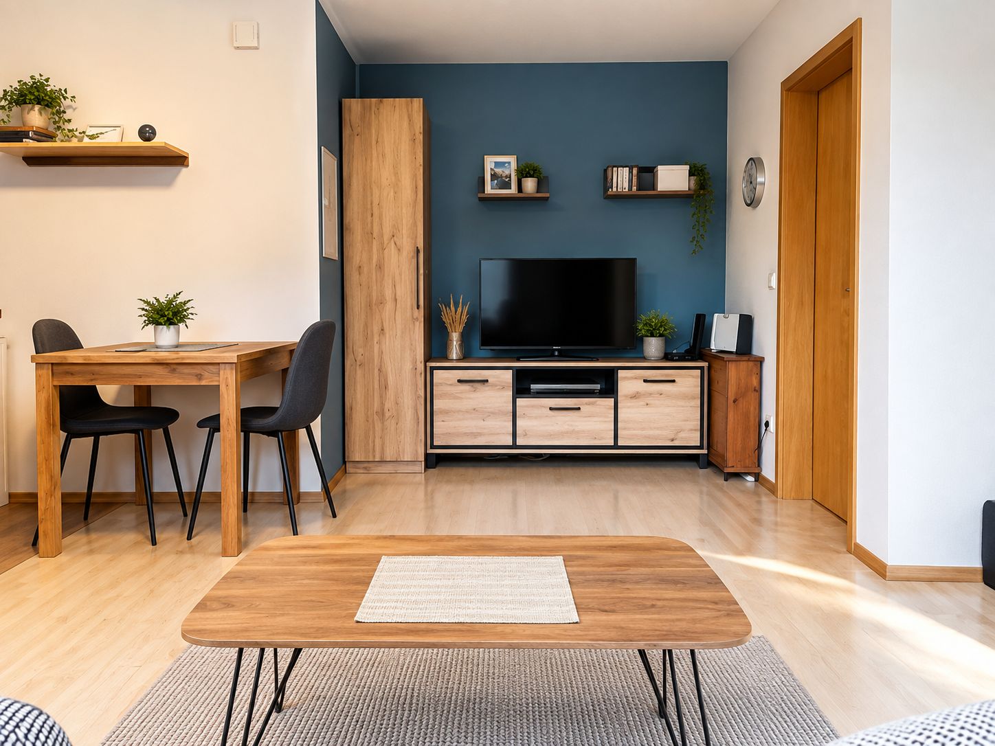 Wohnbereich mit Fernsehschrank und blauer Akzentwand