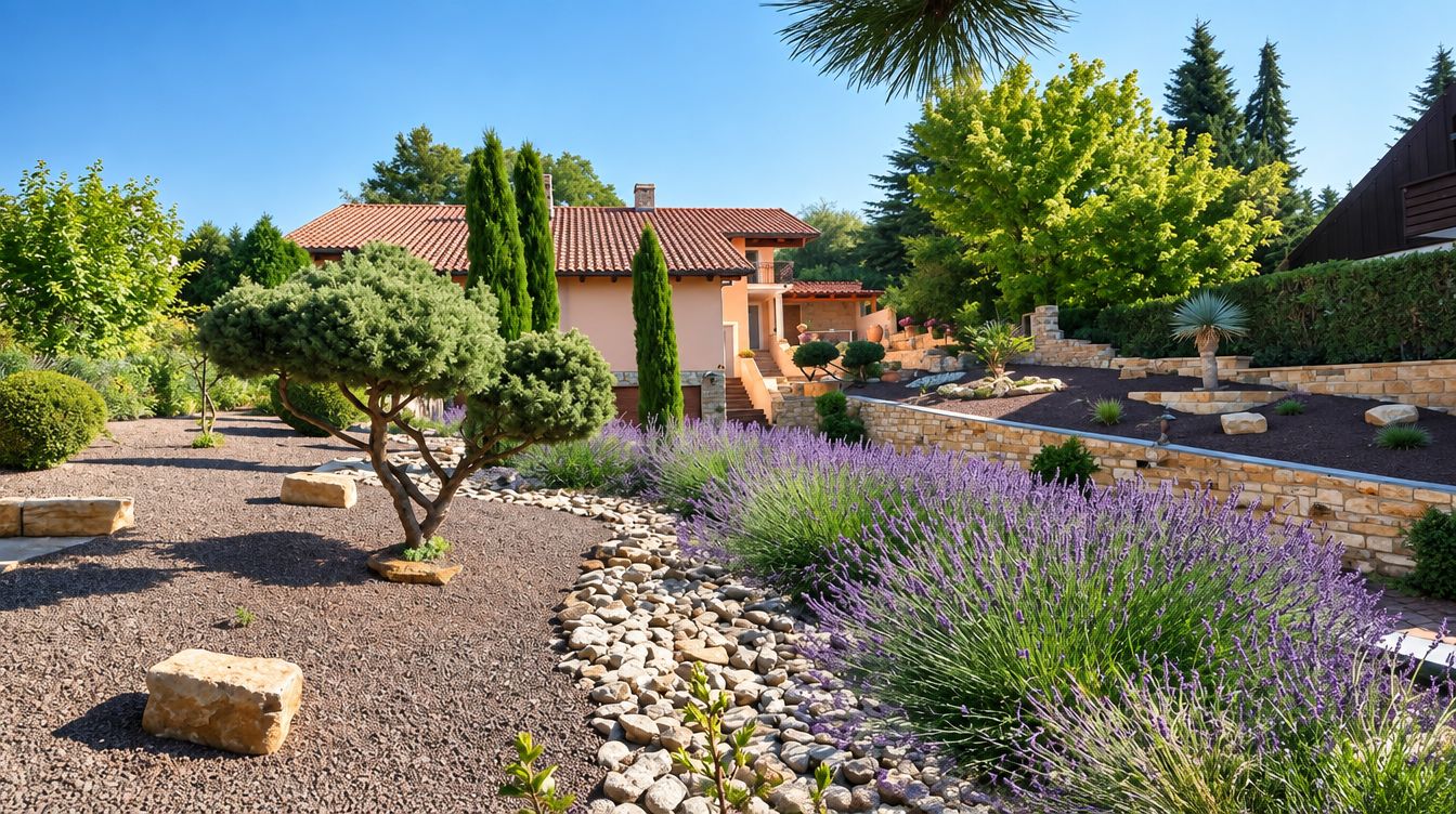 Garten mit Lavendel, Kiefern und Blick auf das Haus