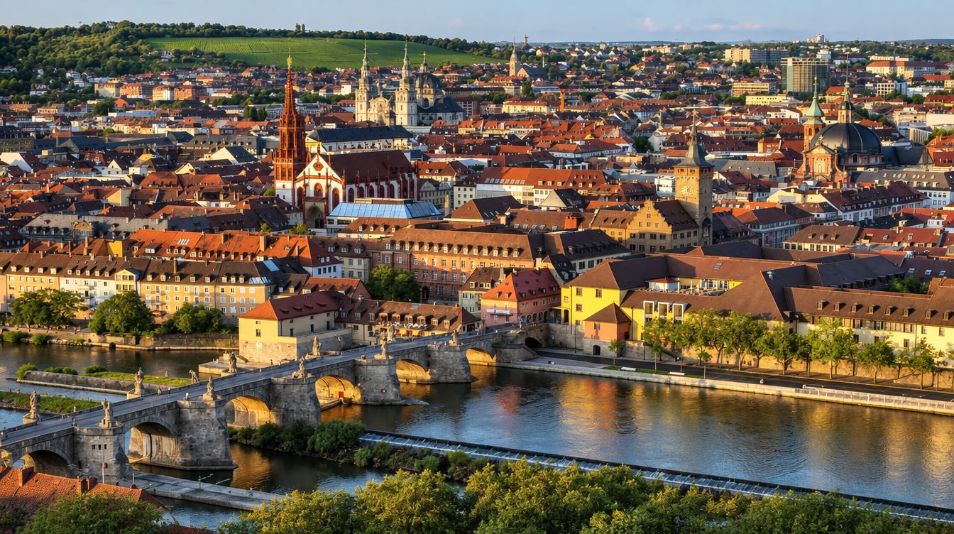 Blick über die Alte Mainbrücke auf die Würzburger Altstadt mit Dom und Marienkapelle